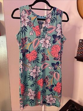 Caribbean Joe Teal Floral Midi Dress with Coral and Navy Accents